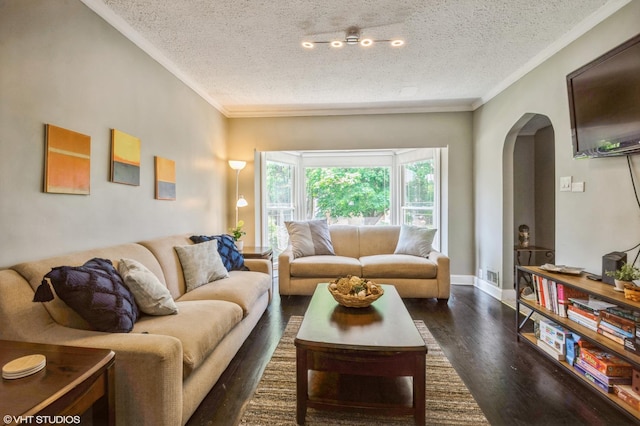 living room featuring crown molding, dark wood-type flooring, and a textured ceiling