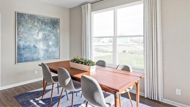 dining room featuring dark hardwood / wood-style flooring and a healthy amount of sunlight