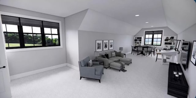 interior space featuring lofted ceiling and light carpet