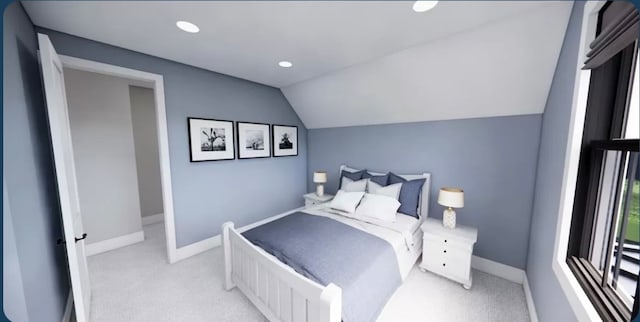 carpeted bedroom featuring lofted ceiling