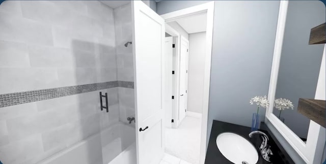 bathroom featuring tile patterned flooring, vanity, and a shower with shower door