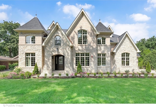 french country inspired facade featuring a front lawn