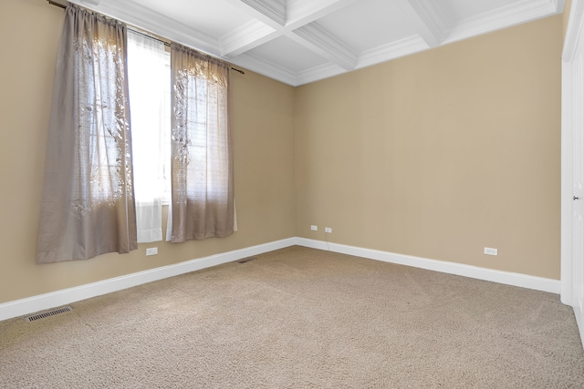 empty room with coffered ceiling, beamed ceiling, crown molding, and carpet flooring