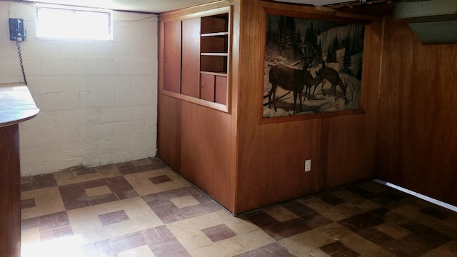 basement featuring wooden walls