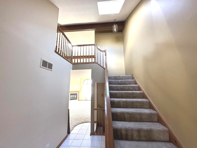 stairs featuring carpet and a skylight