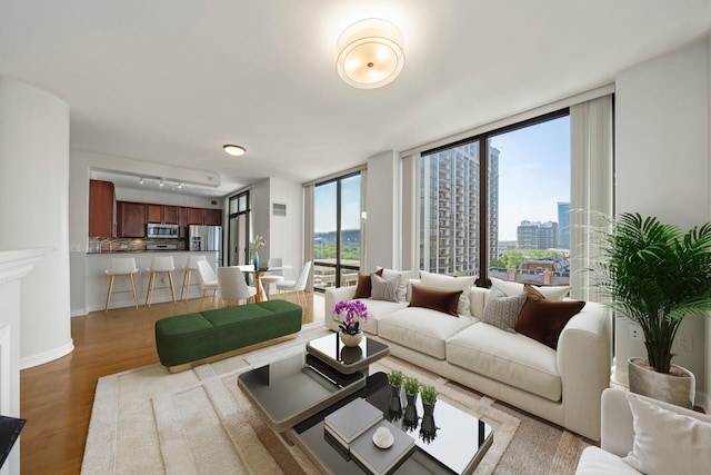 living room featuring dark hardwood / wood-style floors and expansive windows