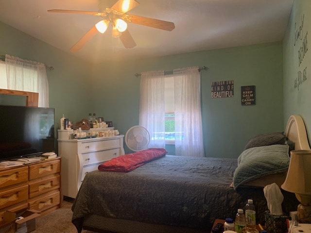 carpeted bedroom with ceiling fan and multiple windows