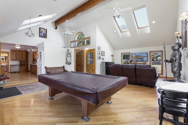 game room with high vaulted ceiling, light wood-type flooring, pool table, and beamed ceiling