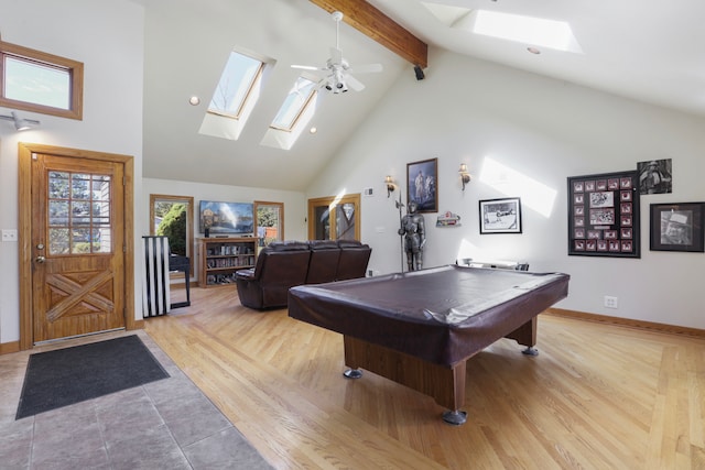 game room featuring billiards, high vaulted ceiling, light wood-type flooring, beam ceiling, and ceiling fan