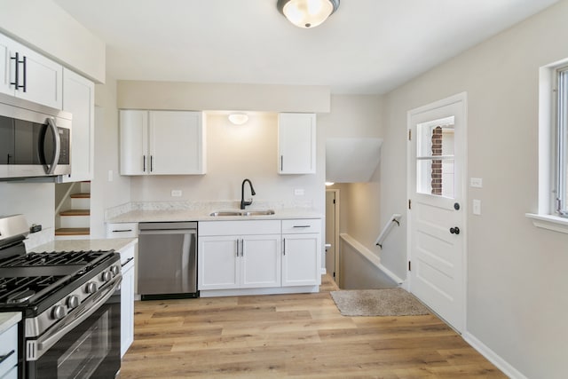 kitchen with white cabinets, light hardwood / wood-style floors, sink, and stainless steel appliances