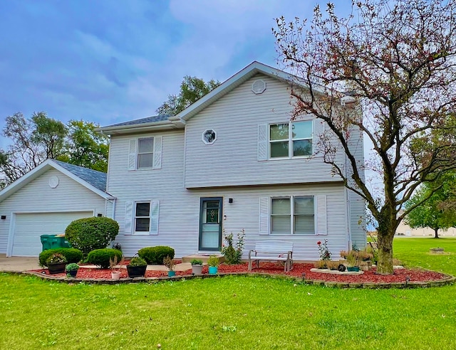 view of front facade featuring a front lawn and a garage