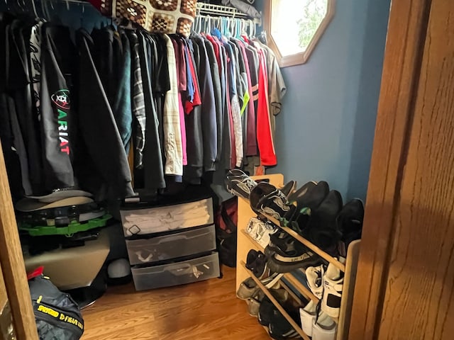 walk in closet with hardwood / wood-style flooring