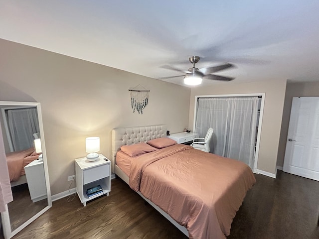 bedroom with ceiling fan and dark wood-type flooring