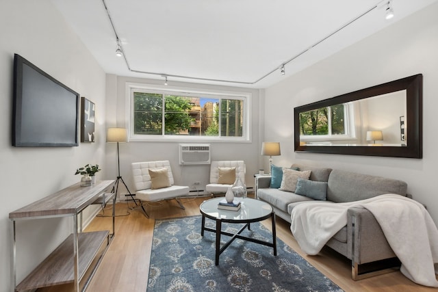 living room featuring light hardwood / wood-style flooring, a baseboard radiator, track lighting, and plenty of natural light