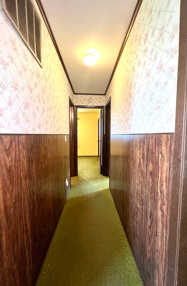 hallway with crown molding, carpet flooring, and wooden walls