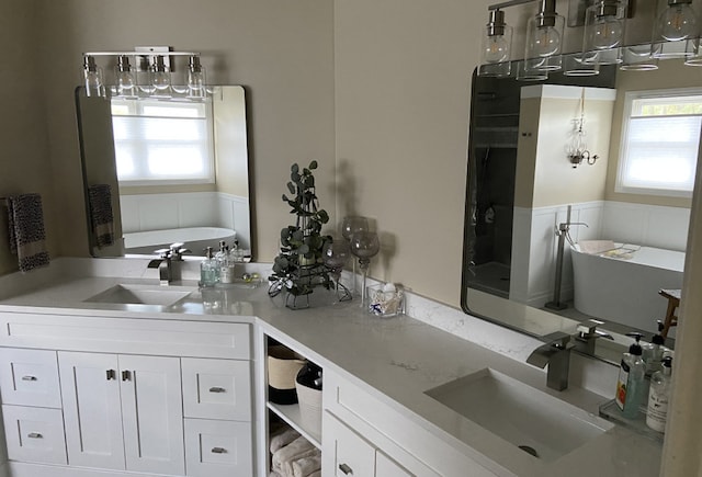 bathroom featuring a washtub, vanity, and a wealth of natural light