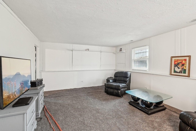 living area featuring carpet and a textured ceiling