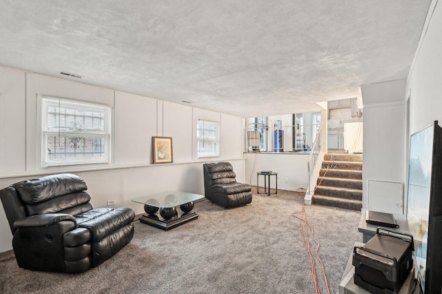 sitting room with carpet, a textured ceiling, and a healthy amount of sunlight