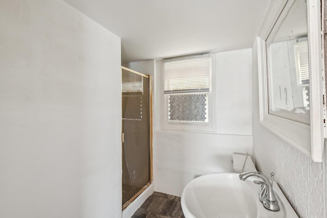 bathroom with sink, wood-type flooring, and walk in shower