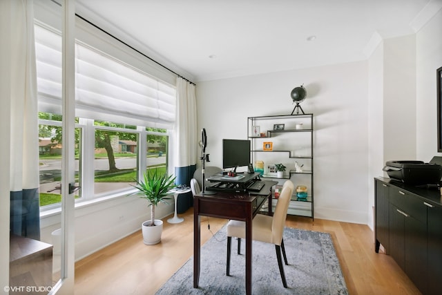 office space featuring ornamental molding and light wood-type flooring