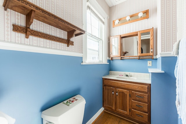 bathroom with wood-type flooring, vanity, and toilet