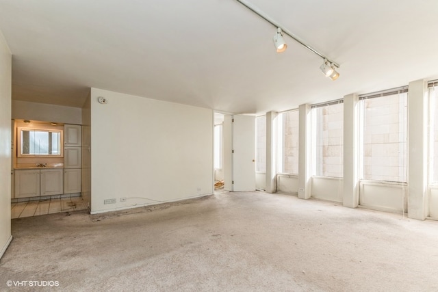 interior space featuring a wealth of natural light, light colored carpet, and rail lighting