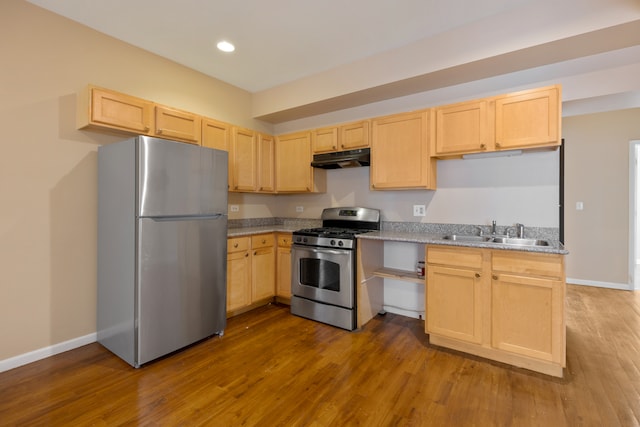 kitchen with light hardwood / wood-style floors, light brown cabinetry, sink, and stainless steel appliances