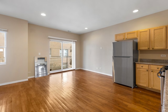 kitchen featuring light brown cabinetry, stainless steel appliances, and dark hardwood / wood-style flooring