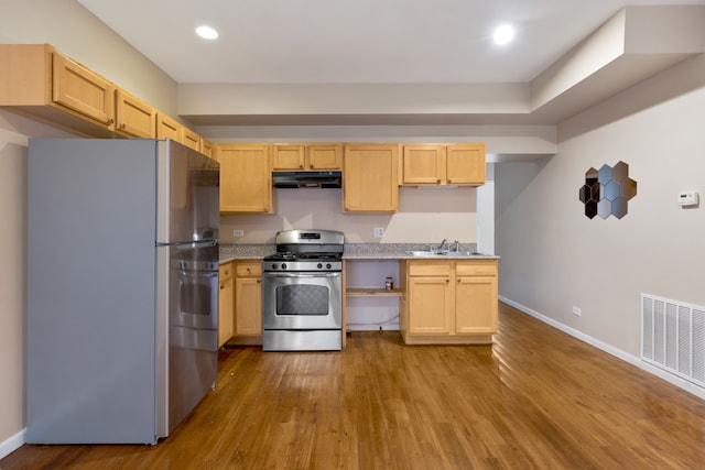 kitchen featuring stainless steel appliances, light brown cabinets, and light wood-type flooring