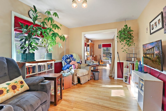 living room featuring a wealth of natural light and light hardwood / wood-style floors