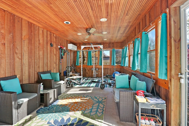 interior space with carpet flooring, a wall unit AC, wooden walls, and ceiling fan