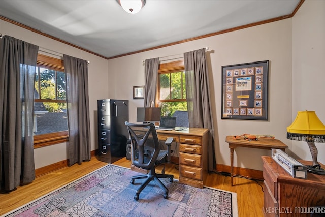 home office with light wood-type flooring and crown molding