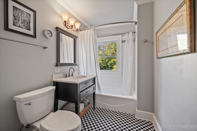 full bathroom with ornamental molding, toilet, vanity, and shower / bath combination with curtain