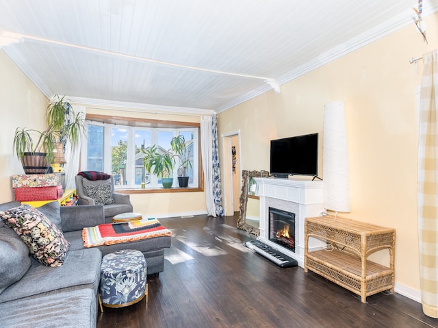 living room featuring hardwood / wood-style flooring, crown molding, and wooden ceiling