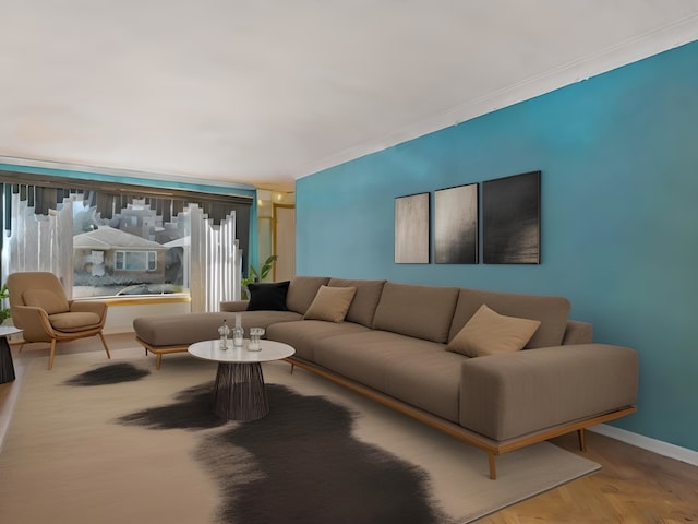 living room featuring wood-type flooring and crown molding