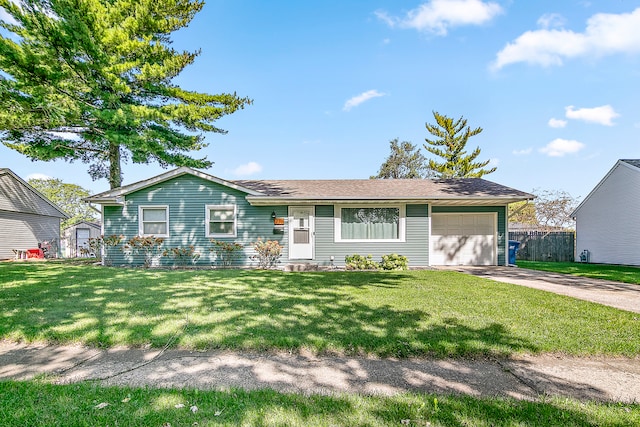 single story home with a front lawn and a garage