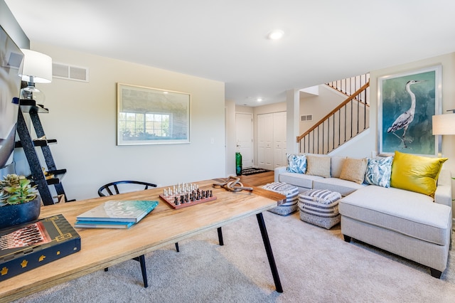 home office with light colored carpet