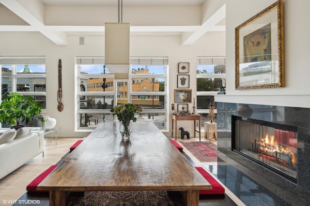 dining area featuring wood-type flooring and a fireplace