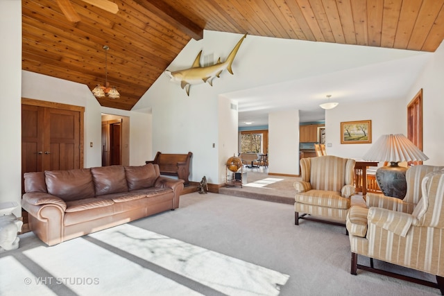 living room featuring carpet flooring, beamed ceiling, wooden ceiling, and high vaulted ceiling