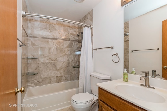 full bathroom featuring tile patterned flooring, shower / bathtub combination with curtain, vanity, and toilet