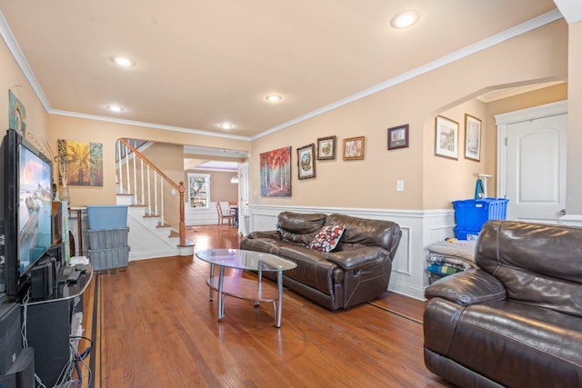 4035 W Marquette Rd, Chicago, IL 60629 - living room featuring stairway, wood finished floors, ornamental molding, recessed lighting, and wainscoting