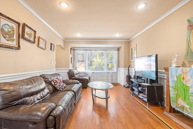 4035 W Marquette Rd, Chicago, IL 60629 - living room featuring a wainscoted wall, crown molding, wood finished floors, and recessed lighting