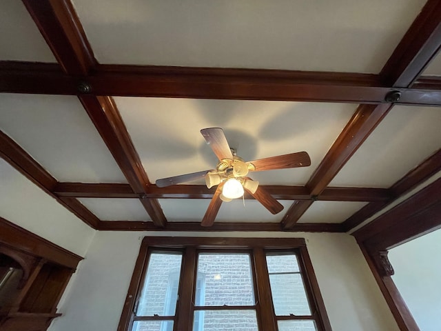 details with coffered ceiling and ceiling fan