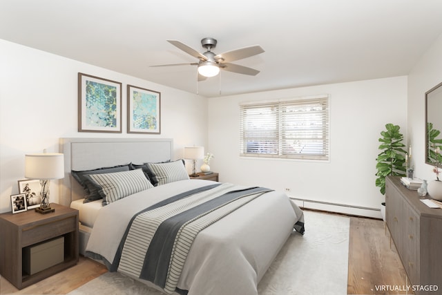 bedroom featuring light hardwood / wood-style flooring, a baseboard radiator, and ceiling fan