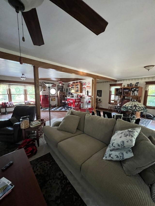 exterior space with vaulted ceiling with beams