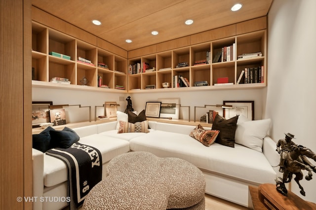 living area with wood ceiling