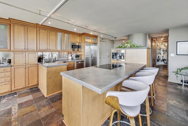 kitchen featuring a breakfast bar area, stainless steel appliances, sink, and a center island