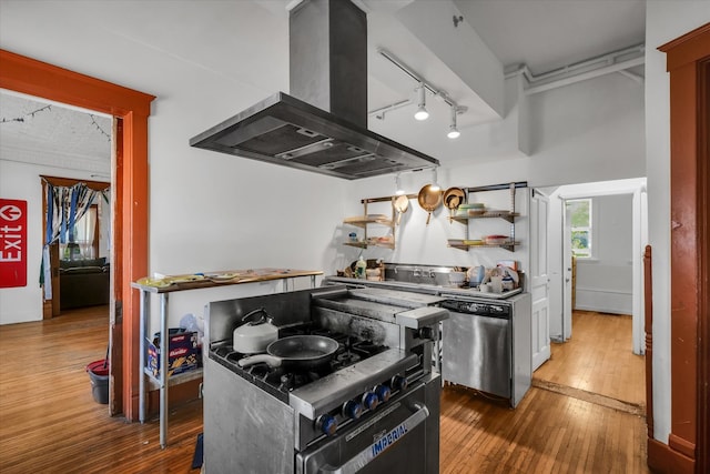 kitchen featuring appliances with stainless steel finishes, island range hood, and dark hardwood / wood-style flooring