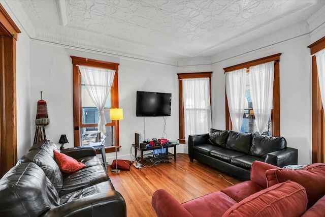 living room with hardwood / wood-style floors and a textured ceiling