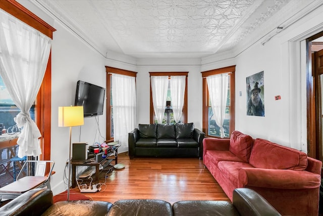 living room featuring ornamental molding and wood-type flooring